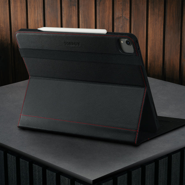 Built-in viewing stand of the Black with Red Detail Leather Case for Apple iPad Air 13