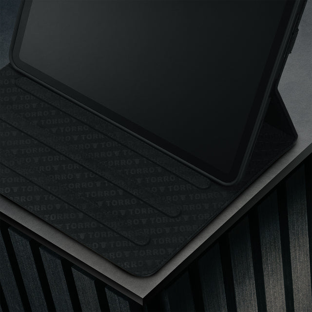 Multiple viewing angles of the Black with Red Detail Leather Case for Apple iPad Pro 11