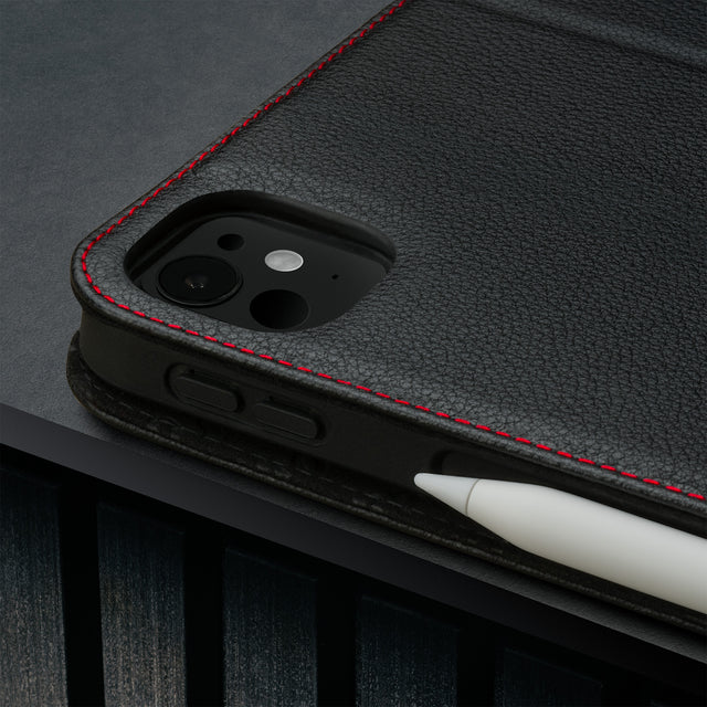 Camera cutout on the Black with Red Detail Leather Case for Apple iPad Pro 12.9