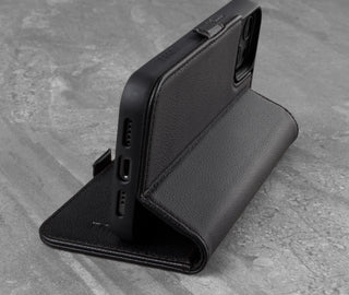 Integrated stand function of the Black Leather Folio Case for iPhone 13