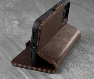 Integrated stand function of the Dark Brown Leather Stand Case for iPhone 13 Mini