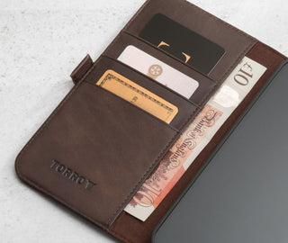 Card and note storage in the Dark Brown Leather Folio Case (MagSafe) for iPhone 14 Pro Max