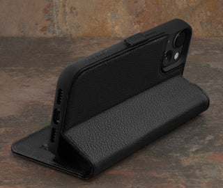 Integrated stand function of the Black Leather Wallet Case for iPhone 15 Plus