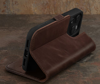 Integrated stand function of the Dark Brown Leather Wallet Case for iPhone 15 Pro Max