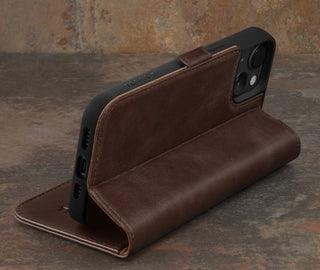 Integrated stand function of the Dark Brown Leather Wallet Case for iPhone 15