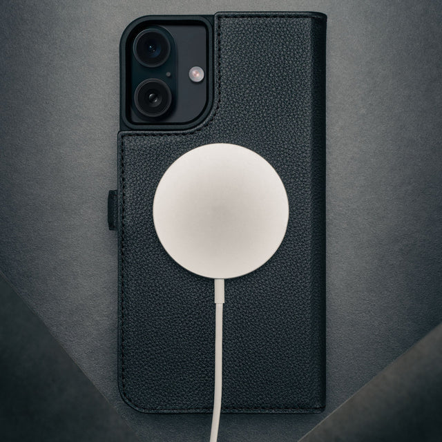 MagSafe charger on the Black Leather Case for iPhone 16 Plus