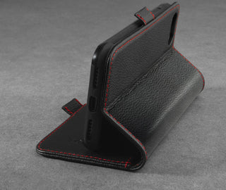 Integrated stand function of the Genuine leather Black with Red Stitching Stand Case for iPhone SE (2020), iPhone 8 and iPhone 7
