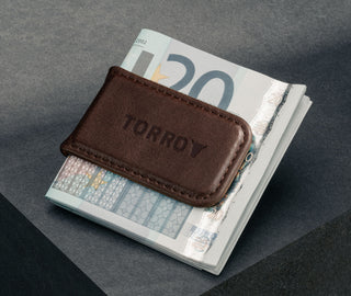 Dark Brown Leather Money Clip with bank notes