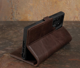 Stand function of the Dark Brown Leather Case for Galaxy S23 Ultra