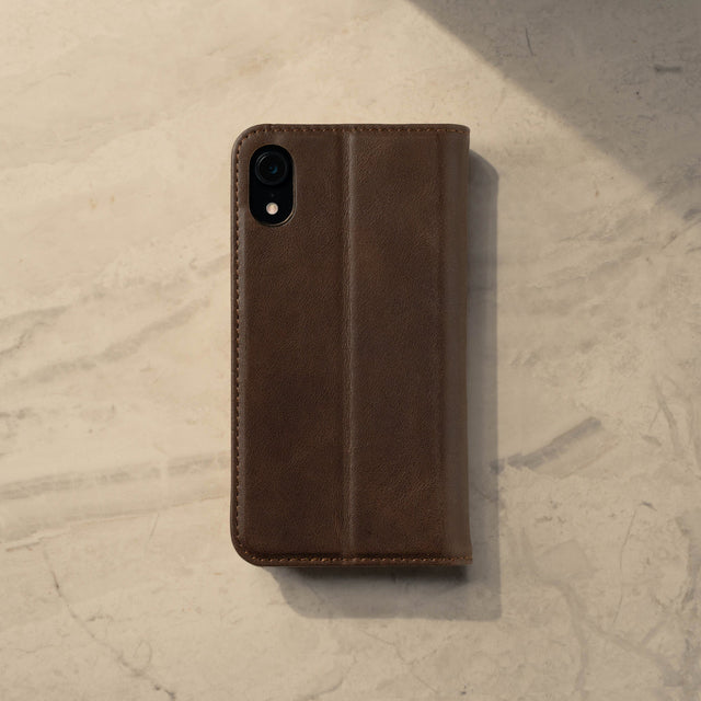 Camera cut out on the Dark Brown Leather Stand Case for iPhone XR