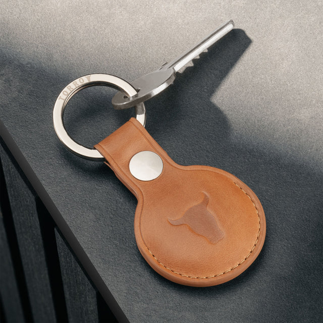 Tan Leather Apple AirTag Holder Keyring attached to key