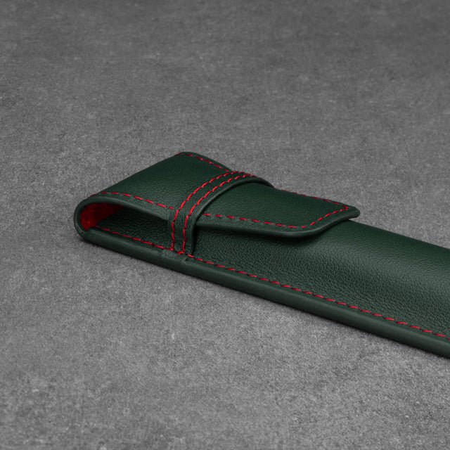 Leather closure flap of the Green with Red Stitching Leather Apple Pencil Case / Sleeve