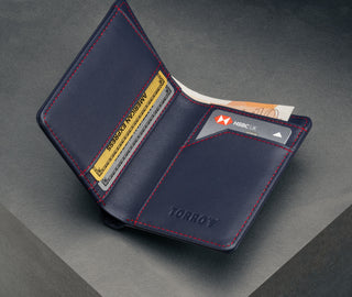 Inside of the Navy Blue (with Red Stitching) Bifold Leather Wallet