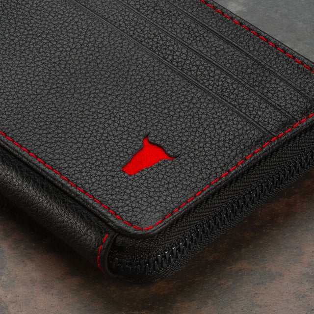 Close up of the Black with Red Detail Leather Coin Purse with Card Holder