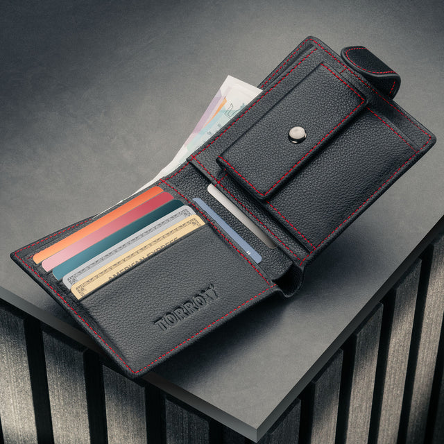 Inside of the Black with Red Detail Leather Wallet with Coin Pocket