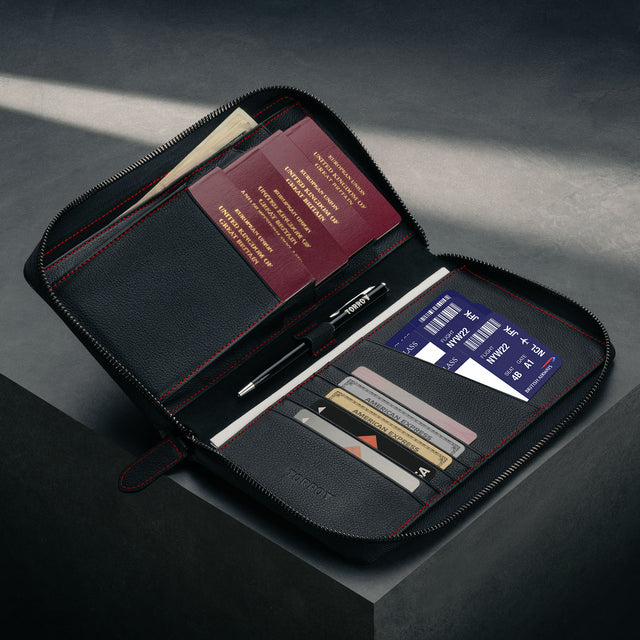 Black with Red Detail Family Travel Wallet with 4 passports, cards and travel documents