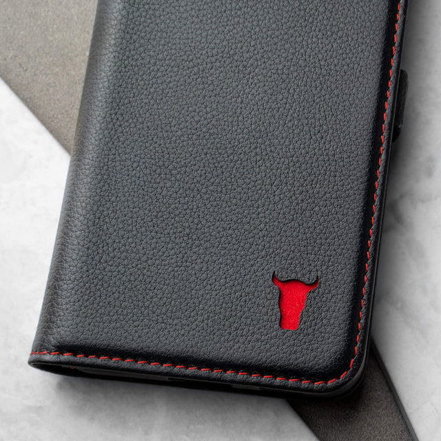 Close up TORRO logo on the Black Leather with Red Stitching Folio Case for Samsung Galaxy S21 FE 5G
