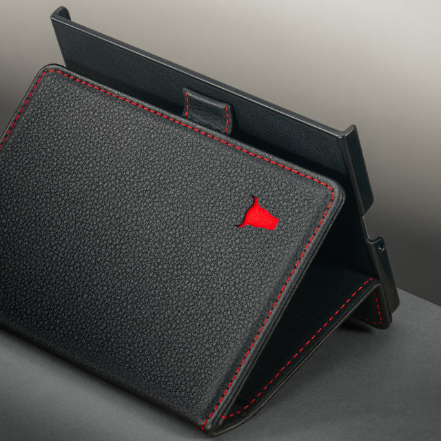 Integrated stamd function on the Black with Red Stitching Leather Case for Samsung Galaxy Z Fold8
