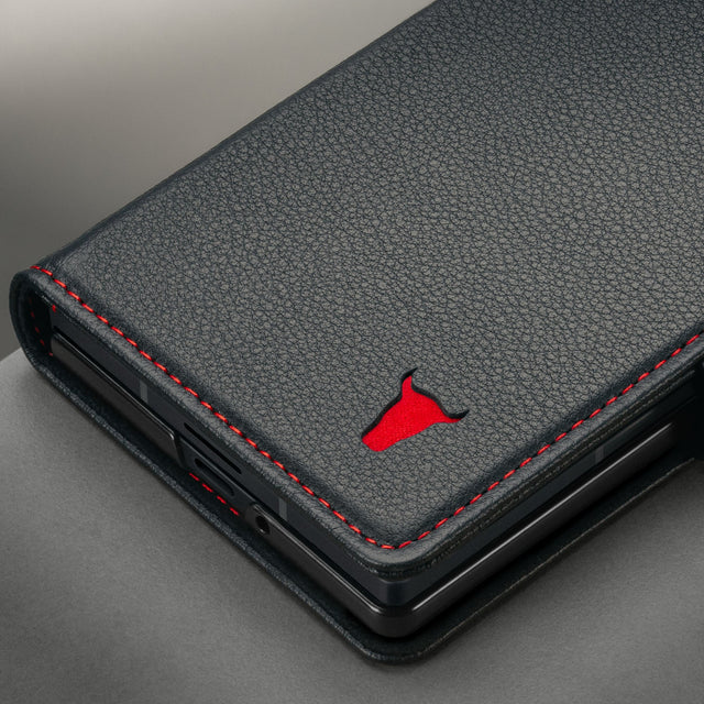 Close up of the Premium Black with Red Detail Leather Case for Samsung Galaxy Z Fold8 Ultra