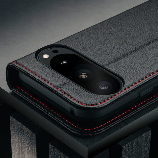 Camera cutout on the Black with Red Detail Leather Case for Google Pixel 10 Pro XL