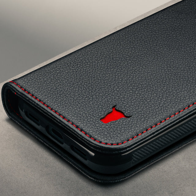 Close up of the Black with Red Stitching Leather Case for the Google Pixel 11 Pro XL