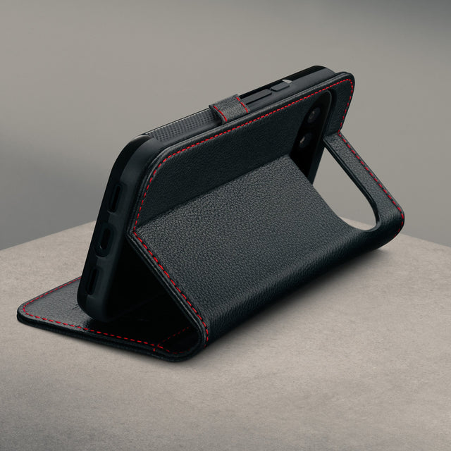Stand function of the Black with Red Stitching Leather Case for the Google Pixel 11 Pro XL