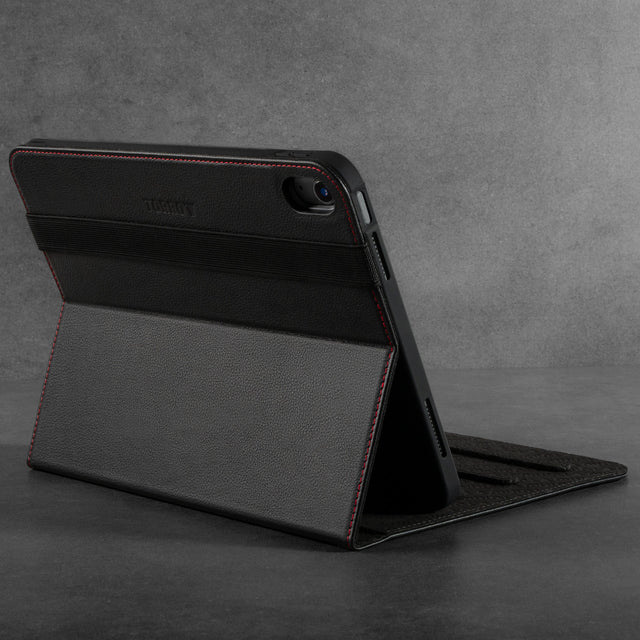 Integrated stand function of the Black with Red Stitching Leather iPad Case for Apple iPad (10th Gen)