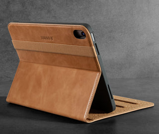 Integrated stand function of the Tan Leather Case for Apple iPad (10th Generation)