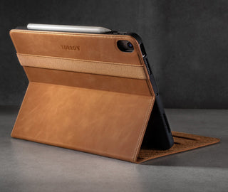 Integrated stand function of the Tan Leather Case for iPad Air