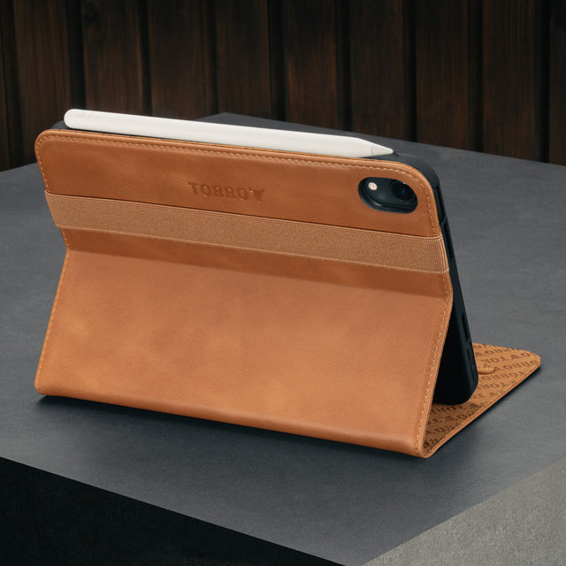 Stand functionality of the Tan Leather Case for iPad Mini 6th Generation (2021)