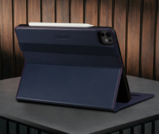Built-in viewing stand of the Navy Blue Leather Case for Apple iPad Pro 11" (2024)