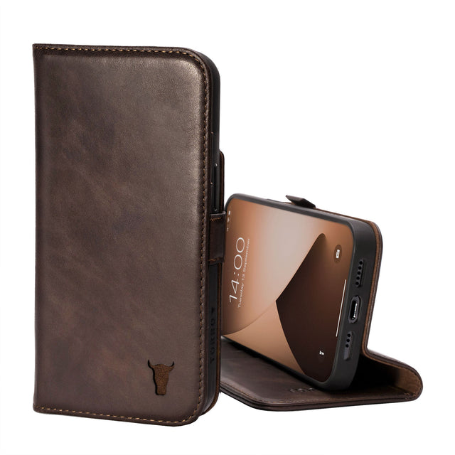 Dark Brown Leather Folio Case for iPhone 13