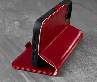 Integrated stand function of the Red Leather Folio Case for iPhone 13