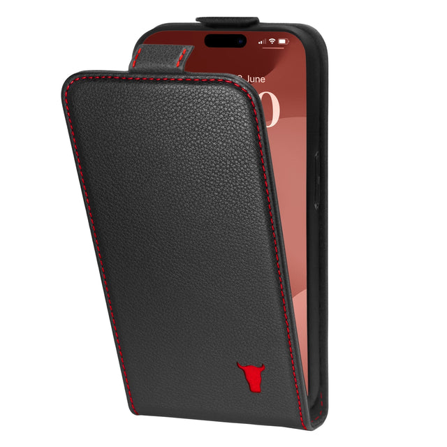 Black with Red Detail Leather Flip Case for iPhone 15 Pro Max