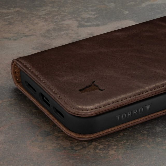 Dark Brown Leather Wallet Case for iPhone 15 Pro Max