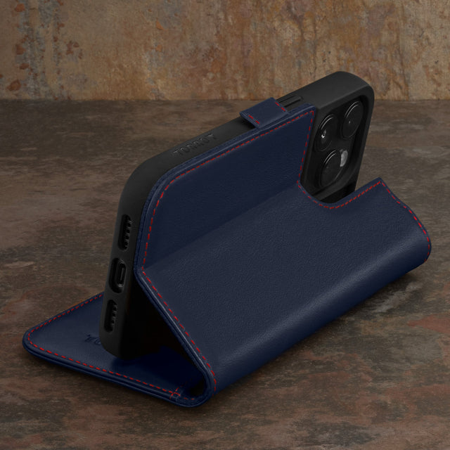Integrated stand function of the Navy Blue Leather Wallet Case for iPhone 15 Pro Max