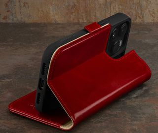 Integrated stand function of the Red Leather Wallet Case for iPhone 15 Pro Max