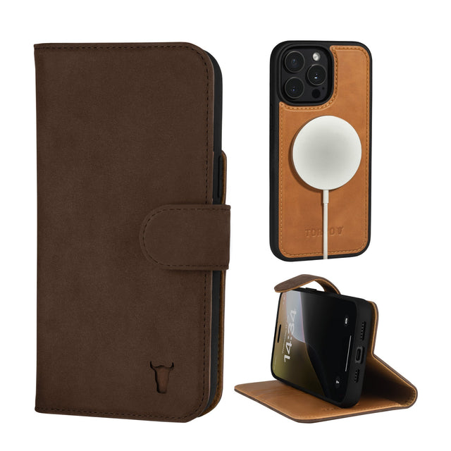 Dark Brown Nubuck Leather Case (with detachable cover) for iPhone 15 Pro