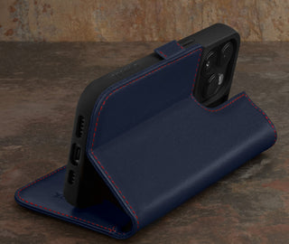 Integrated stand function of the Navy Blue Leather Wallet Case for iPhone 15 Pro