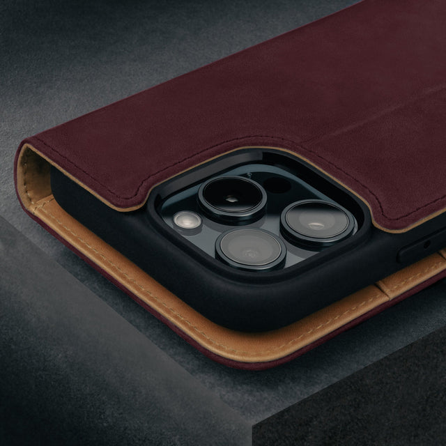 Camera cutout on the Maroon Nubuck Leather Case (with detachable cover) for iPhone 16 Pro Max