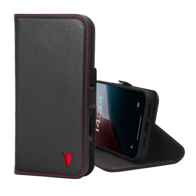 Black Leather with Red Detail Leather Case for iPhone 16 Pro Max