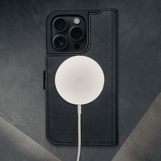 MagSafe charger connection to the Black Leather Case for iPhone 16 Pro
