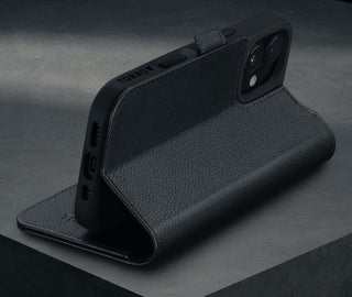 Stand function of the Black Leather Case for iPhone 16