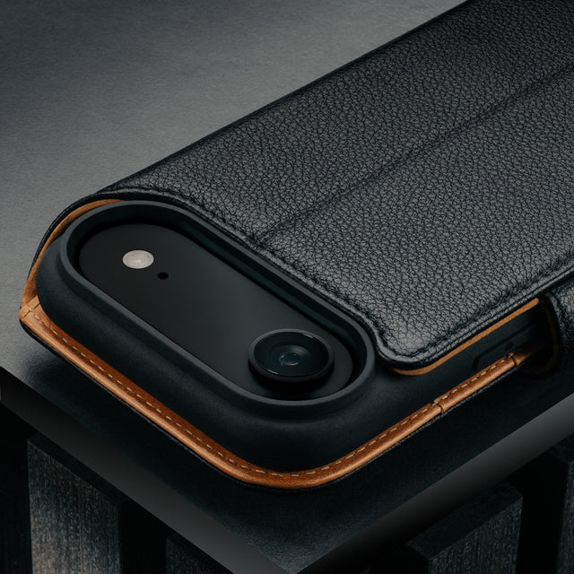 Camera cutout on the Black Leather Detachable Case for iPhone 17 Air