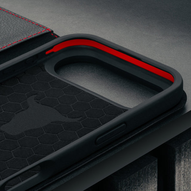Microfibre lined frame of the Black (with Red detail) Leather Case for iPhone 17 Air