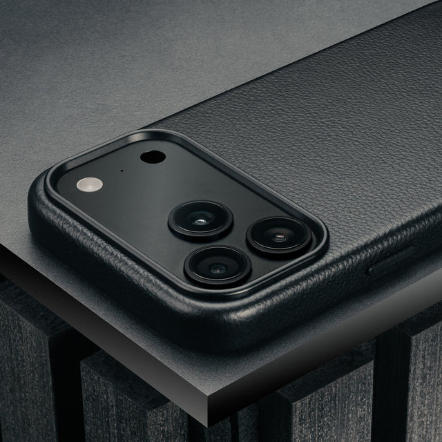 Camera cutout on the Slimline Black Leather Bumper Case for iPhone 17 Pro