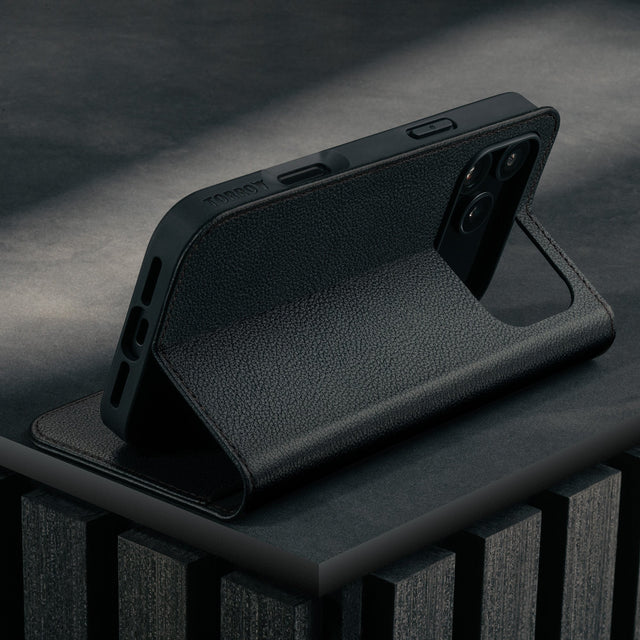 Stand function of the Black Leather Case for iPhone 17 Pro Max