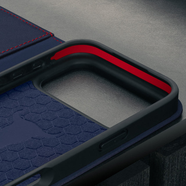 Microfibre lined frame in the Navy Blue Leather Case (with Red Stitching) for iPhone 17 Pro Max