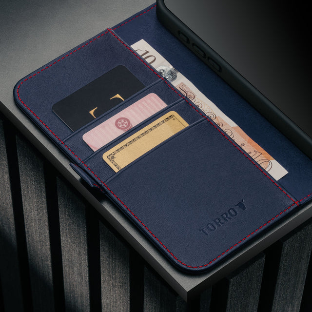 Card holder inside the Navy Blue Leather Case (with Red Stitching) for iPhone 17 Pro Max