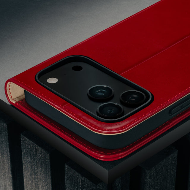 Camera cutout on the Red Leather Case for iPhone 17 Pro Max